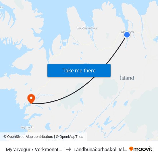Mýrarvegur / Verkmenntaskóli to Landbúnaðarháskóli Íslands map