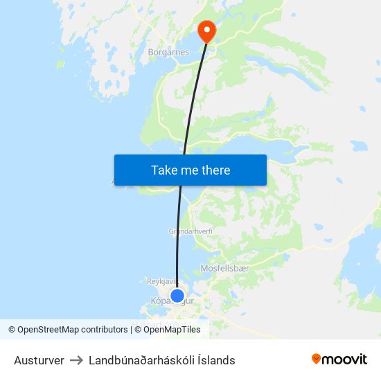 Austurver to Landbúnaðarháskóli Íslands map