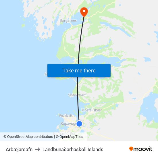 Árbæjarsafn to Landbúnaðarháskóli Íslands map