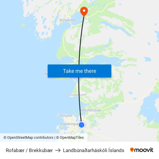 Rofabær / Brekkubær to Landbúnaðarháskóli Íslands map