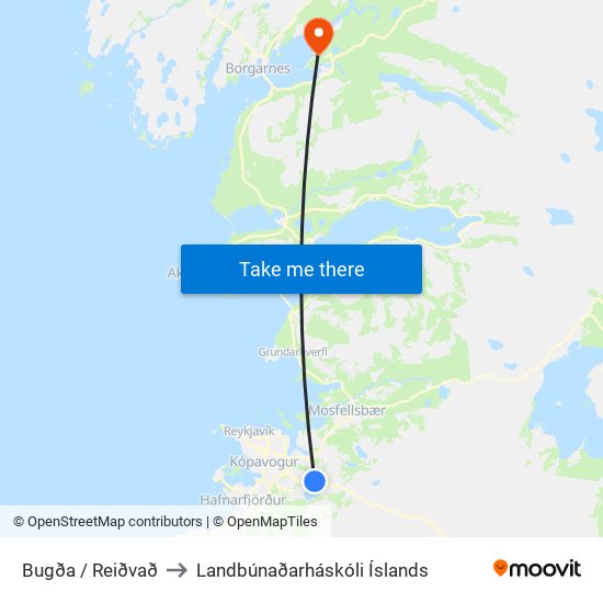 Bugða / Reiðvað to Landbúnaðarháskóli Íslands map