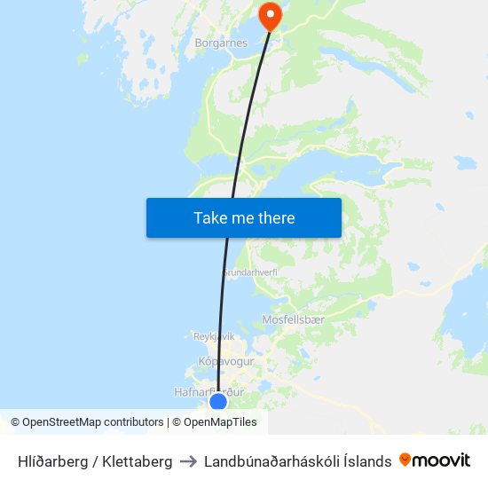 Hlíðarberg / Klettaberg to Landbúnaðarháskóli Íslands map