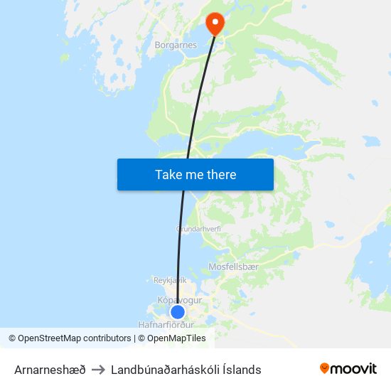 Arnarneshæð to Landbúnaðarháskóli Íslands map