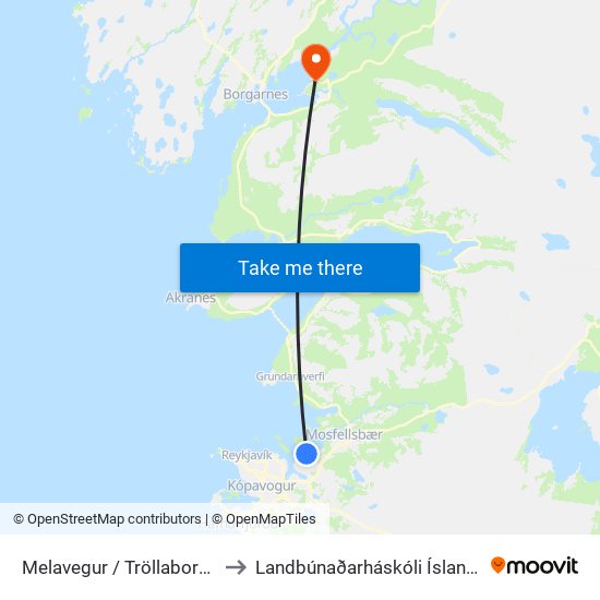 Melavegur / Tröllaborgir to Landbúnaðarháskóli Íslands map