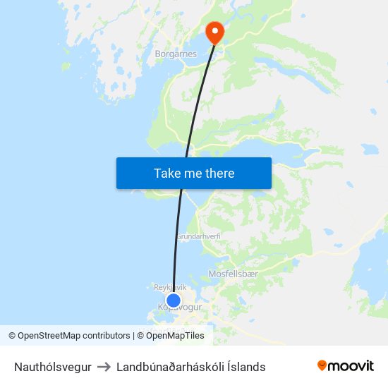 Nauthólsvegur to Landbúnaðarháskóli Íslands map