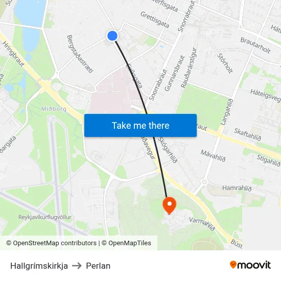 Hallgrímskirkja to Perlan map