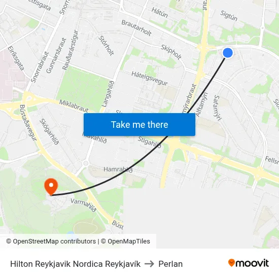 Hilton Reykjavik Nordica Reykjavík to Perlan map