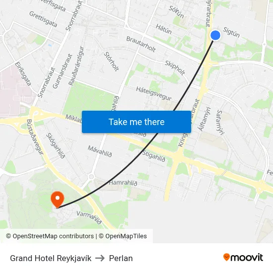 Grand Hotel Reykjavík to Perlan map