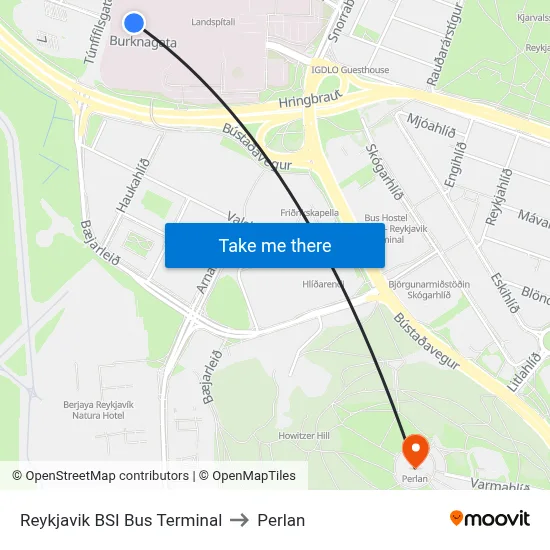 Reykjavik BSI Bus Terminal to Perlan map