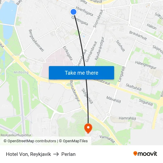 Hotel Von, Reykjavík to Perlan map