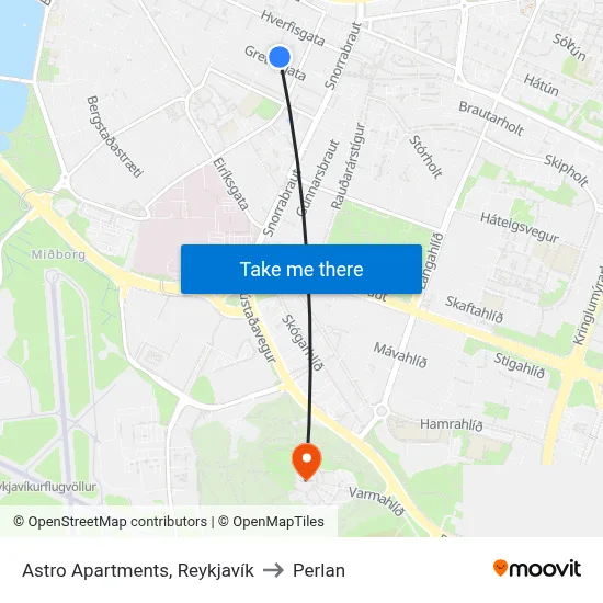 Astro Apartments, Reykjavík to Perlan map