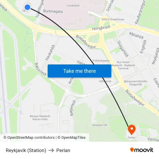 Reykjavík (Station) to Perlan map