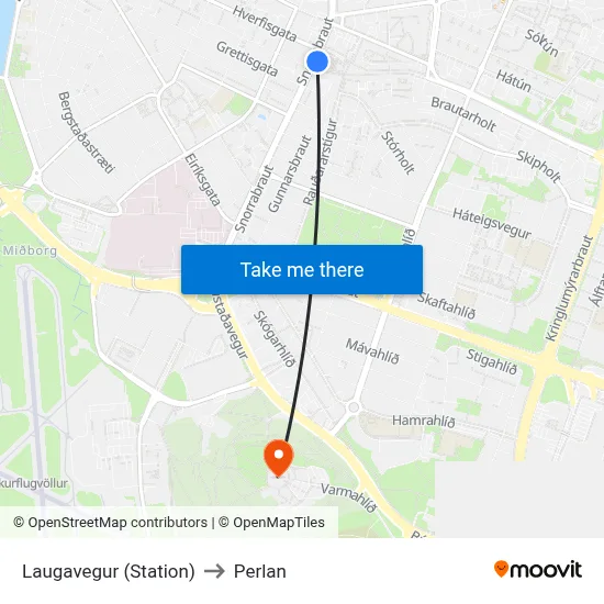 Laugavegur (Station) to Perlan map