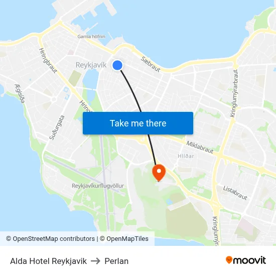 Alda Hotel Reykjavik to Perlan map
