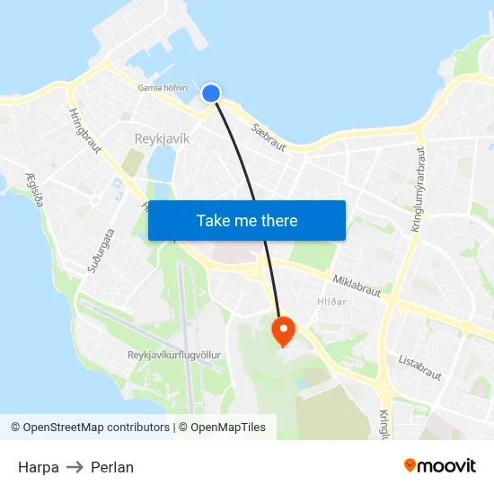 Harpa to Perlan map