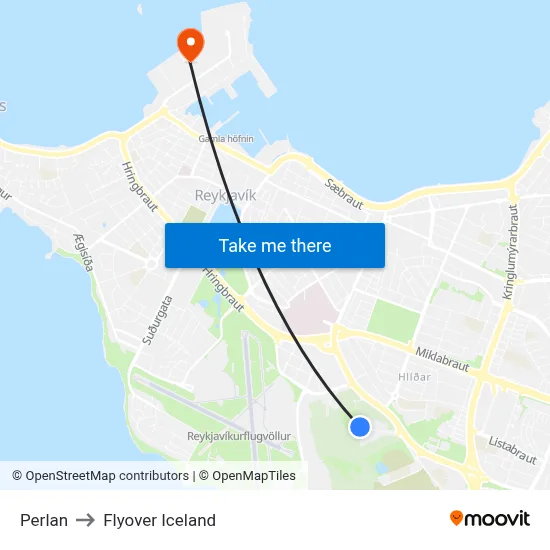 Perlan to Flyover Iceland map