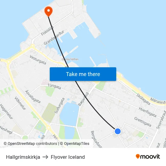 Hallgrímskirkja to Flyover Iceland map