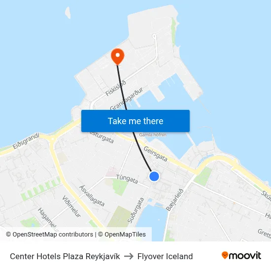 Center Hotels Plaza Reykjavík to Flyover Iceland map
