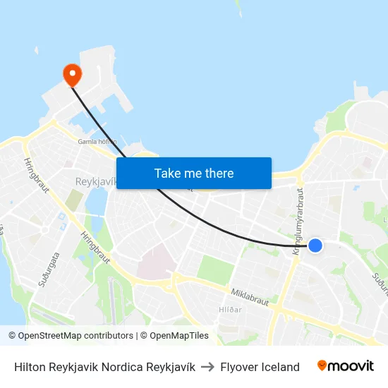 Hilton Reykjavik Nordica Reykjavík to Flyover Iceland map