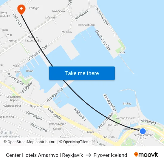 Center Hotels Arnarhvoll Reykjavík to Flyover Iceland map