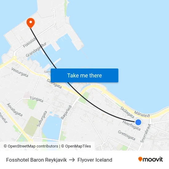 Fosshotel Baron Reykjavík to Flyover Iceland map