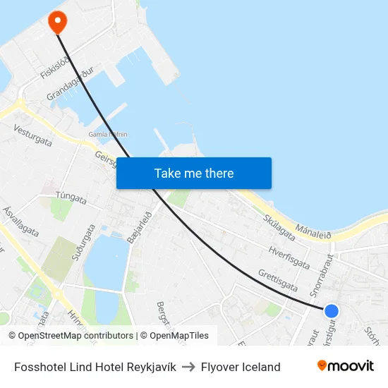 Fosshotel Lind Hotel Reykjavík to Flyover Iceland map