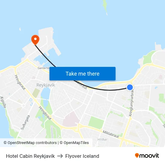Hotel Cabin Reykjavík to Flyover Iceland map