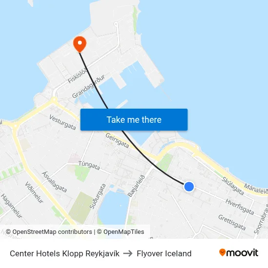 Center Hotels Klopp Reykjavík to Flyover Iceland map