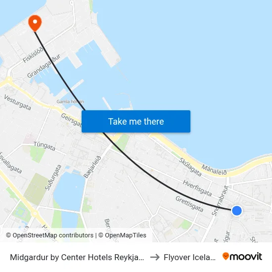Midgardur by Center Hotels Reykjavík to Flyover Iceland map