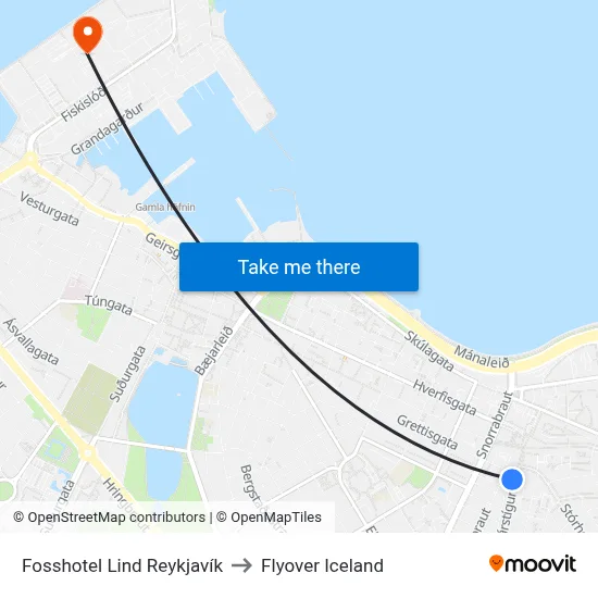 Fosshotel Lind Reykjavík to Flyover Iceland map