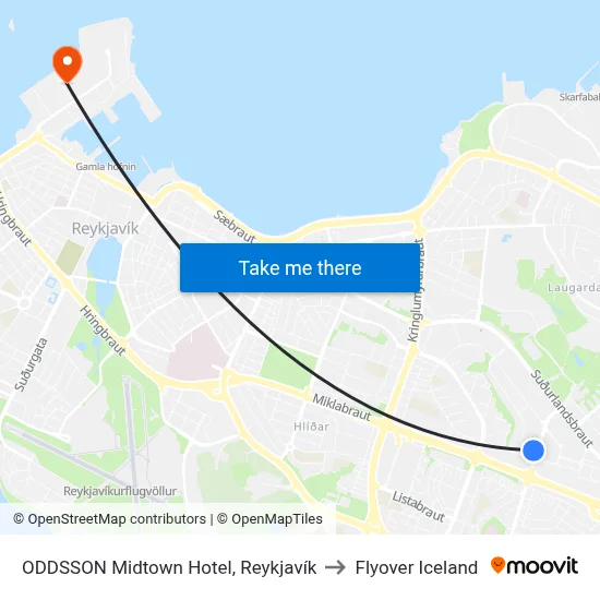 ODDSSON Midtown Hotel, Reykjavík to Flyover Iceland map