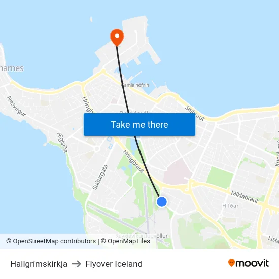 Hallgrímskirkja to Flyover Iceland map
