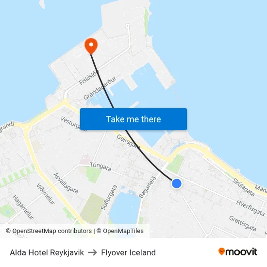 Alda Hotel Reykjavik to Flyover Iceland map