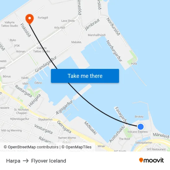 Harpa to Flyover Iceland map