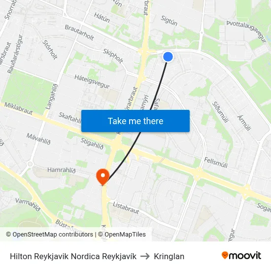 Hilton Reykjavik Nordica Reykjavík to Kringlan map