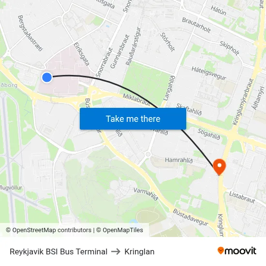 Reykjavik BSI Bus Terminal to Kringlan map