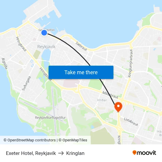 Exeter Hotel, Reykjavík to Kringlan map