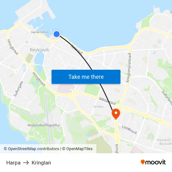Harpa to Kringlan map