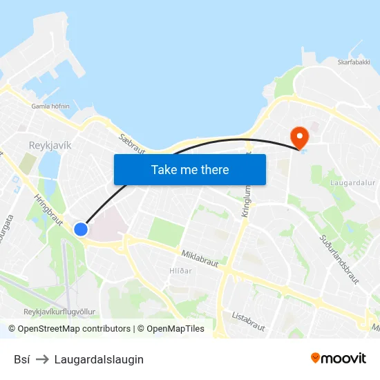 Bsí to Laugardalslaugin map