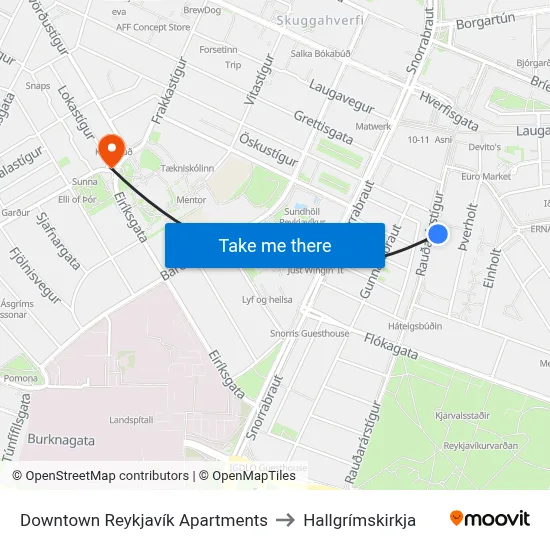 Downtown Reykjavík Apartments to Hallgrímskirkja map