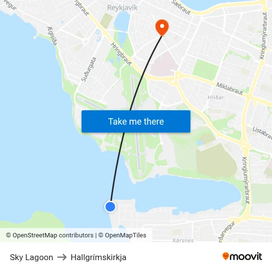 Sky Lagoon to Hallgrímskirkja map