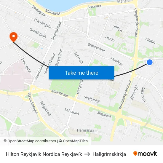 Hilton Reykjavik Nordica Reykjavík to Hallgrímskirkja map
