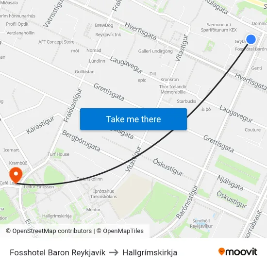 Fosshotel Baron Reykjavík to Hallgrímskirkja map