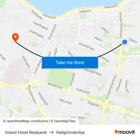 Grand Hotel Reykjavík to Hallgrímskirkja map