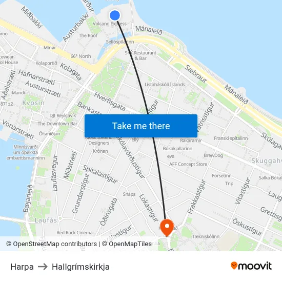 Harpa to Hallgrímskirkja map