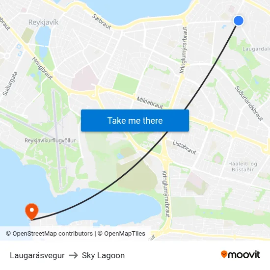 Laugarásvegur to Sky Lagoon map