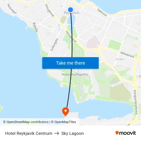 Hotel Reykjavík Centrum to Sky Lagoon map