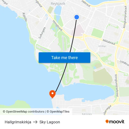 Hallgrímskirkja to Sky Lagoon map
