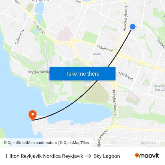 Hilton Reykjavik Nordica Reykjavík to Sky Lagoon map