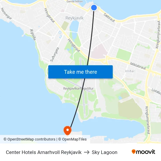 Center Hotels Arnarhvoll Reykjavík to Sky Lagoon map